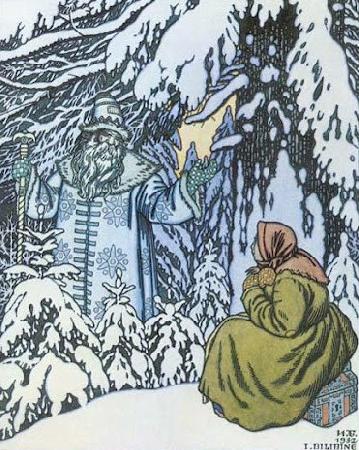 Ivan Bilibin Father Frost and the step-daughter, illustration by Ivan Bilibin from Russian fairy tale Morozko, 1932 oil painting image